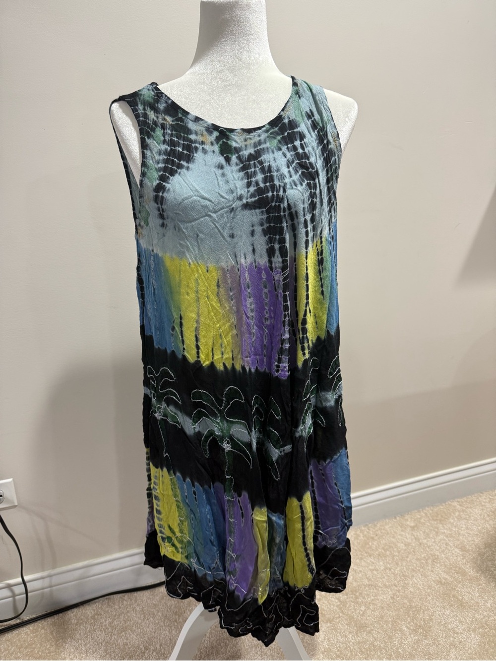 Boho Tie-Dye Sleeveless Dress in Black, Blue, Yellow & Purple